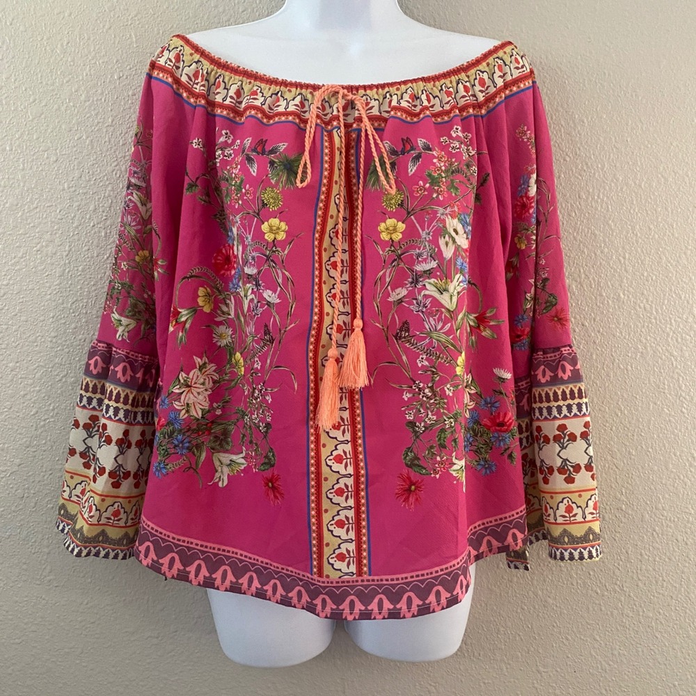 Umgee Pink Peasant Top Small Bohemian Boho Chic Hippie Casual Lightweight Floral